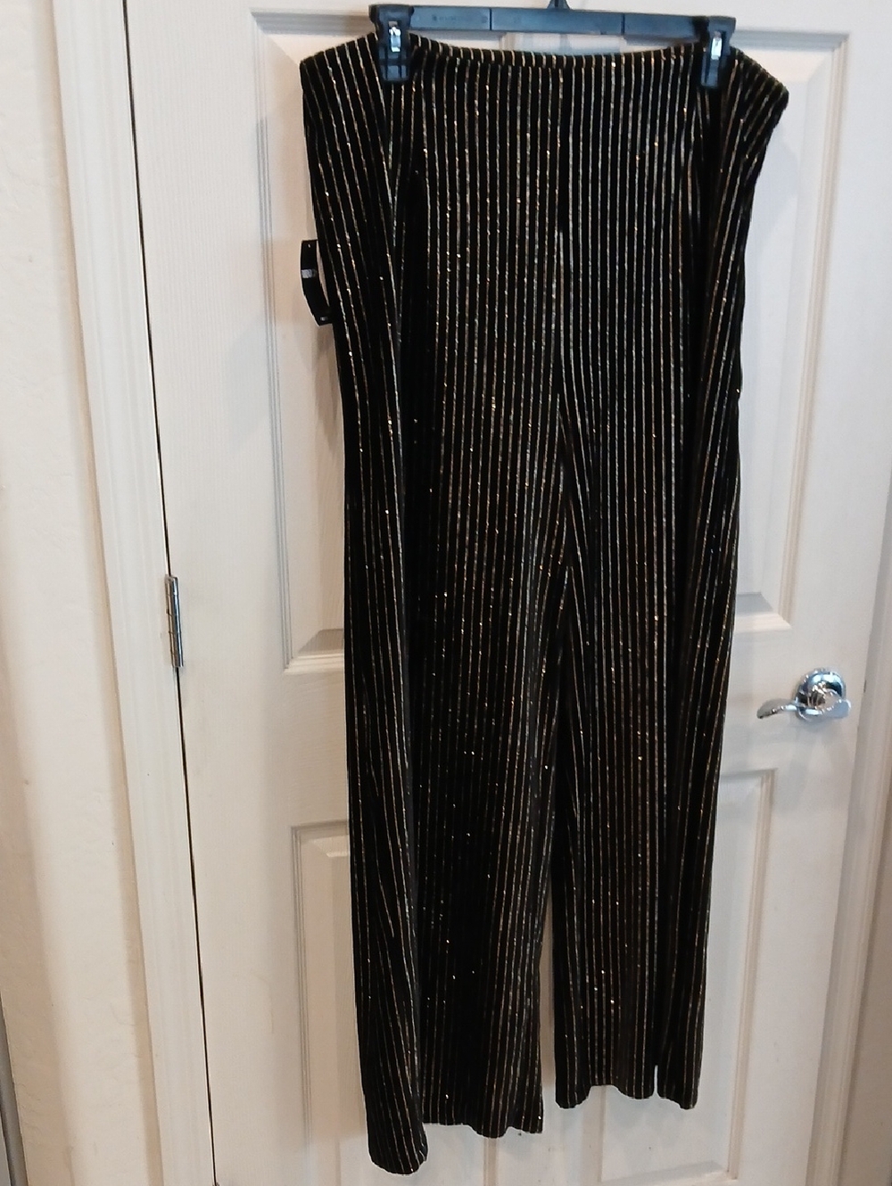 Black Velvet Wide-Leg Pants with Metallic Pinstripes